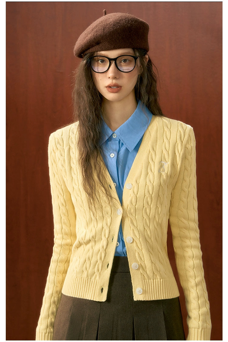 Yellow Twisted Texture Knitted Cardigan - CHINASQUAD