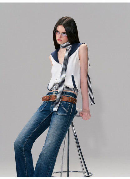 Color-Block Nautical Sailor Collar Sleeveless Top