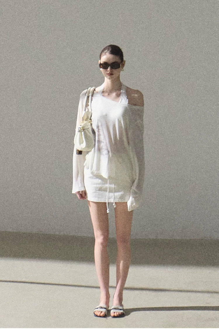 Asymmetric Wool-Modal Lightweight Off-Shoulder Knit T-shirt