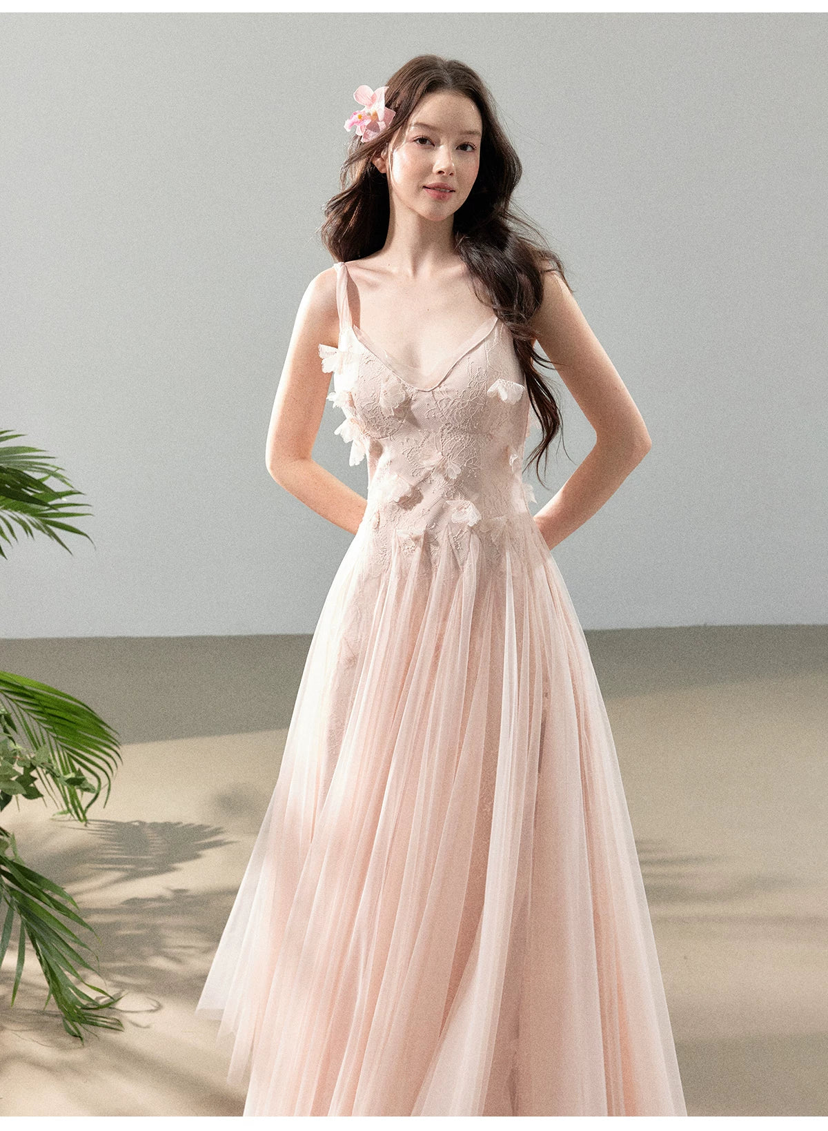 Peach Mist Floral Tulle Layered Slip Maxi Dress