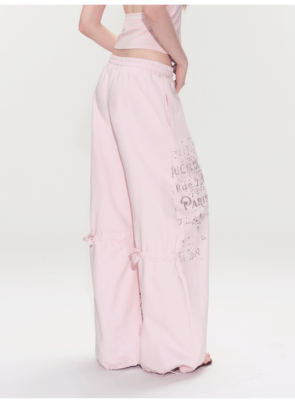 Vintage Graphic Drawstring Wide-Leg Pants