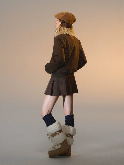 Lace-Trimmed Velvet Pleated Faux Leather Mini Skirt