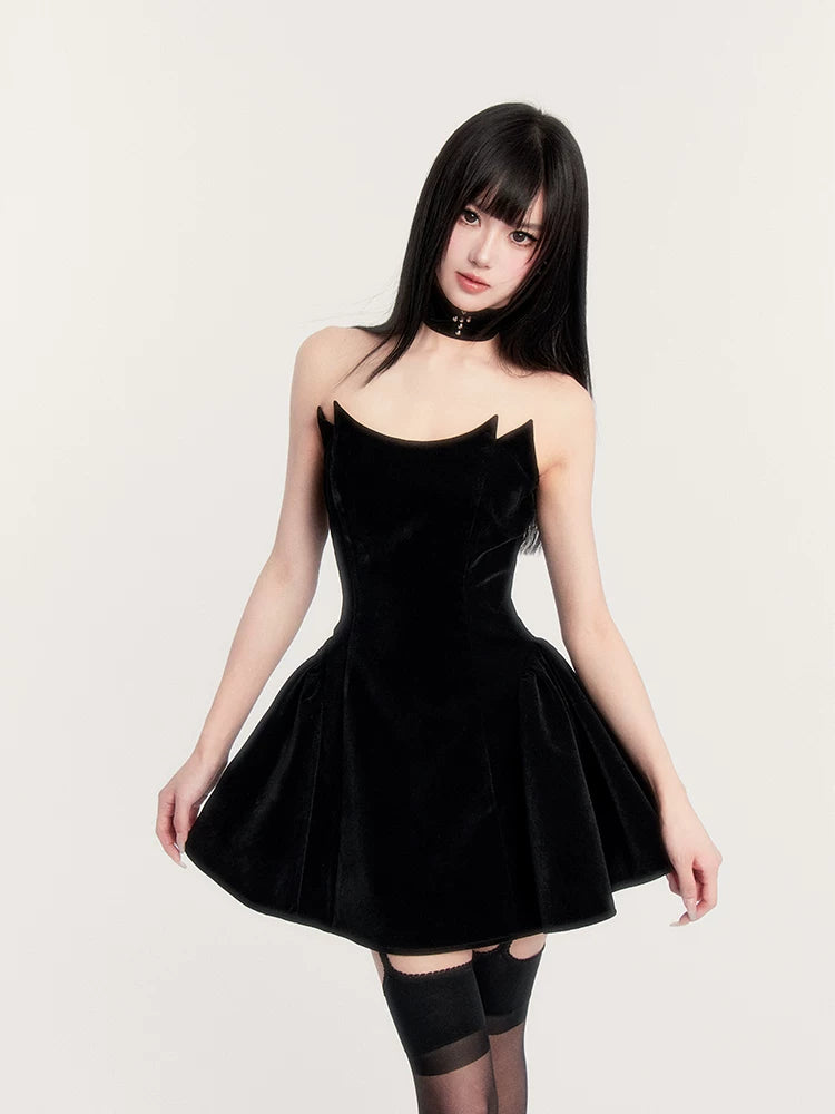 Devil’s Kiss Strapless Velvet Puff Dress