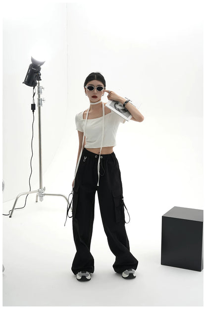 Tie-Detail Square-Neck Cropped T-Shirt