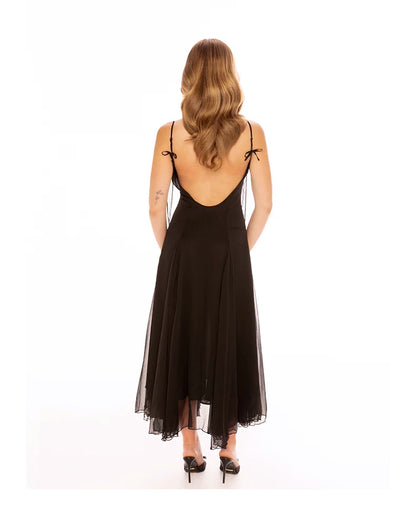 Sheer Bow-Detail Draped Maxi Dress