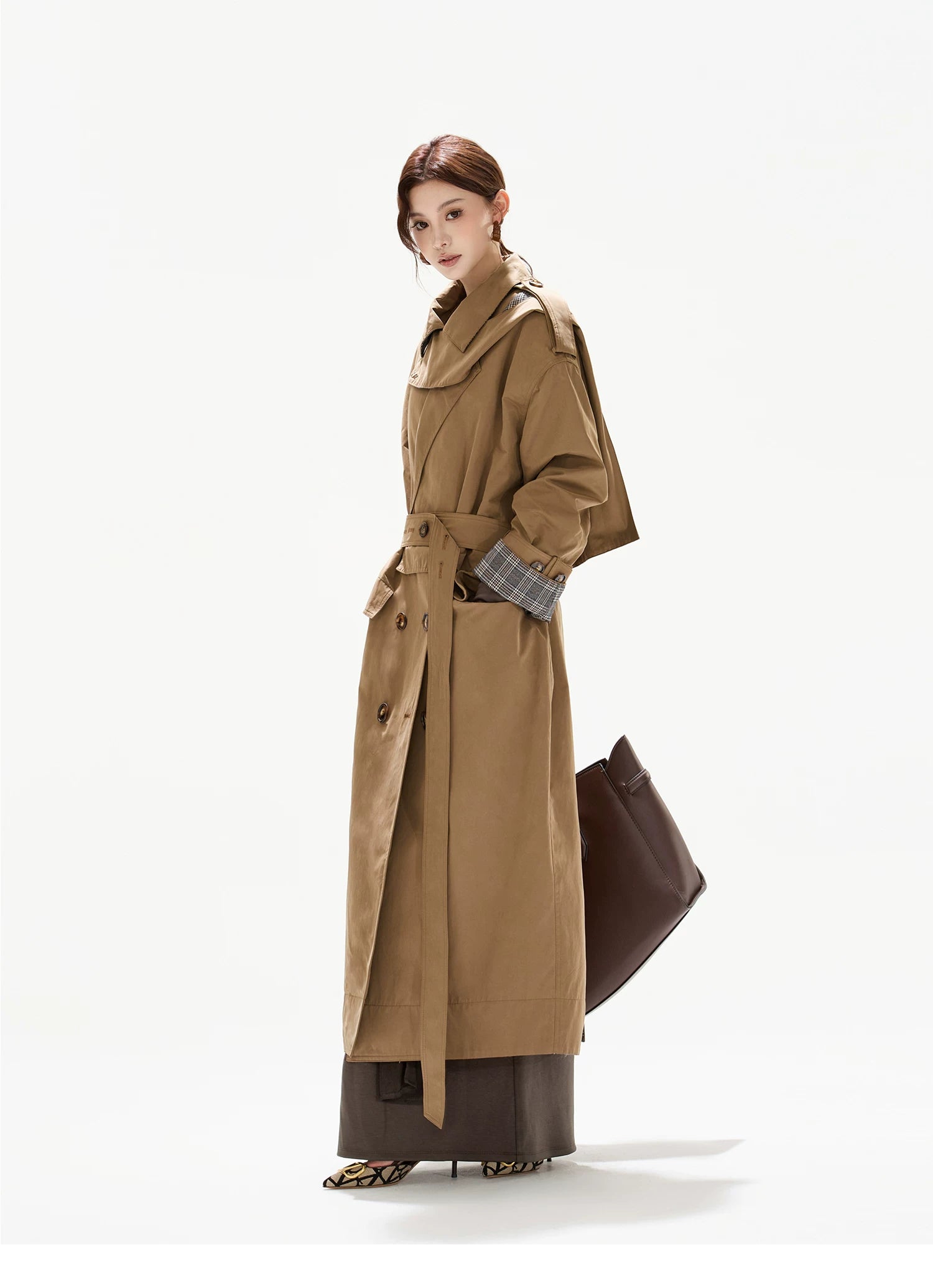 Double-Breasted Check-Panel Trench Coat