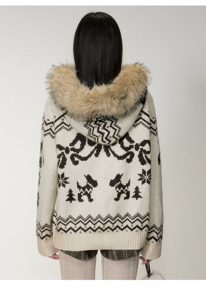 Fair Isle Fur Collar Toggle Buttons Knit Coat