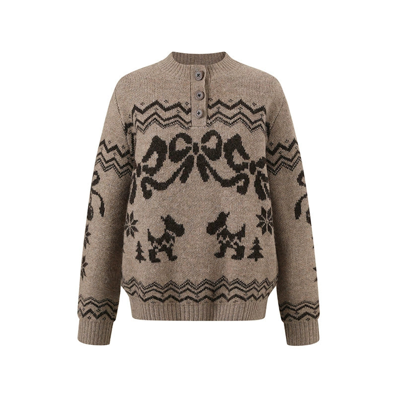 Fair Isle Bow Knit Henley Crewneck