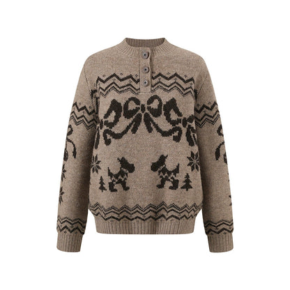 Fair Isle Bow Knit Henley Crewneck
