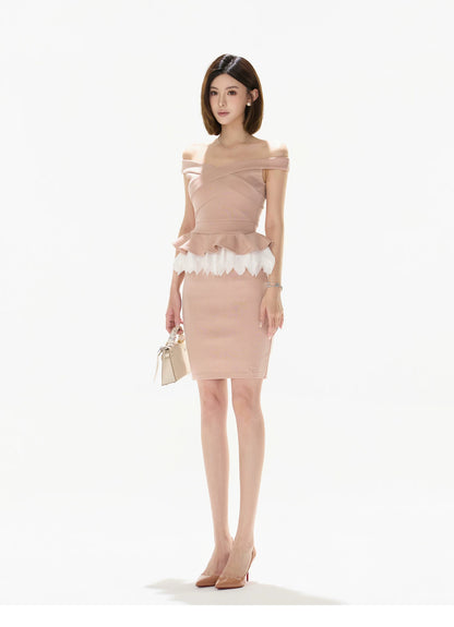Elegant Tweed Off-Shoulder Two-Piece Skirt Set