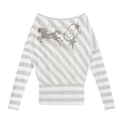 Grey Striped Off-Shoulder Graphic Long Sleeve Blouse