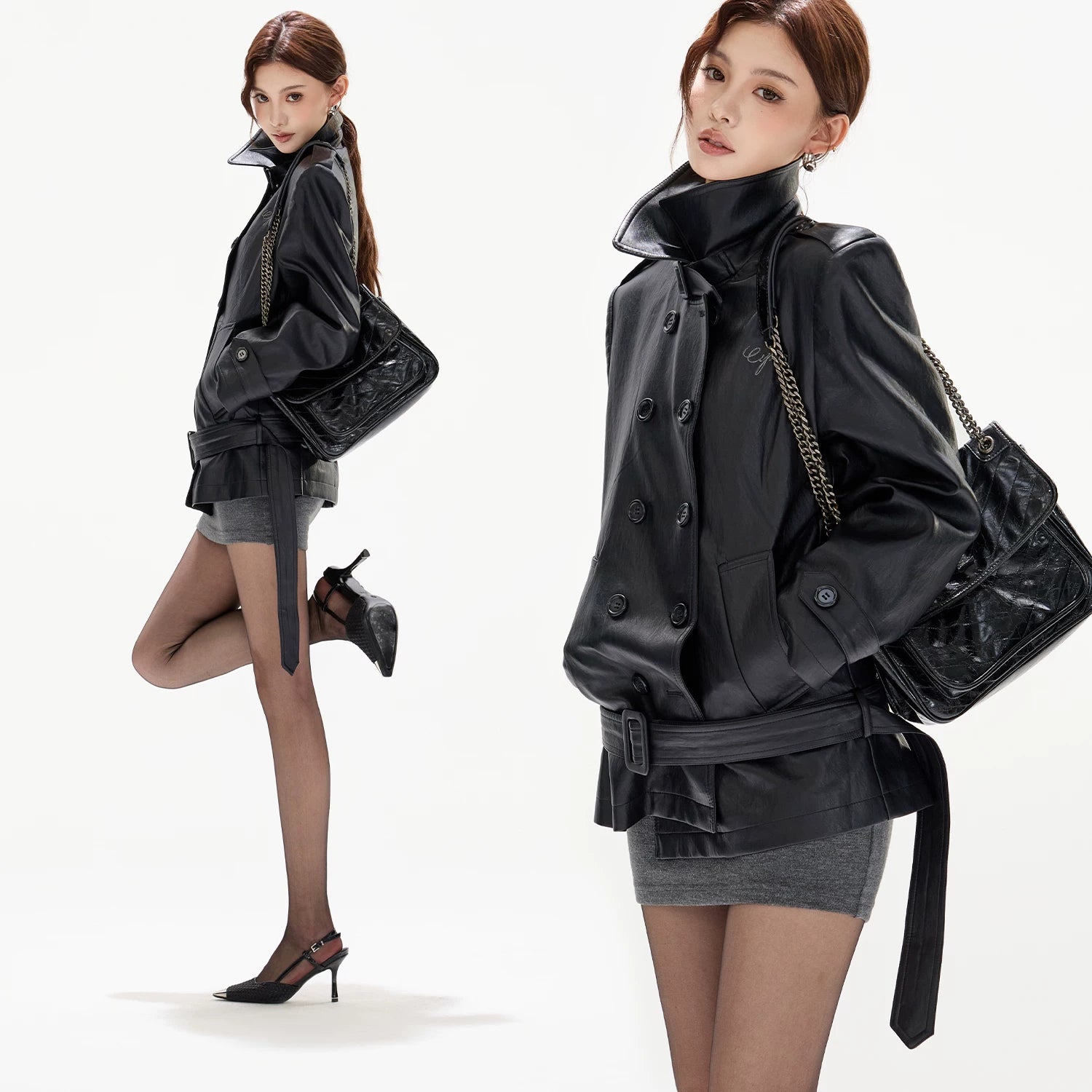 Double-Breasted Belted Faux Leather Jacket