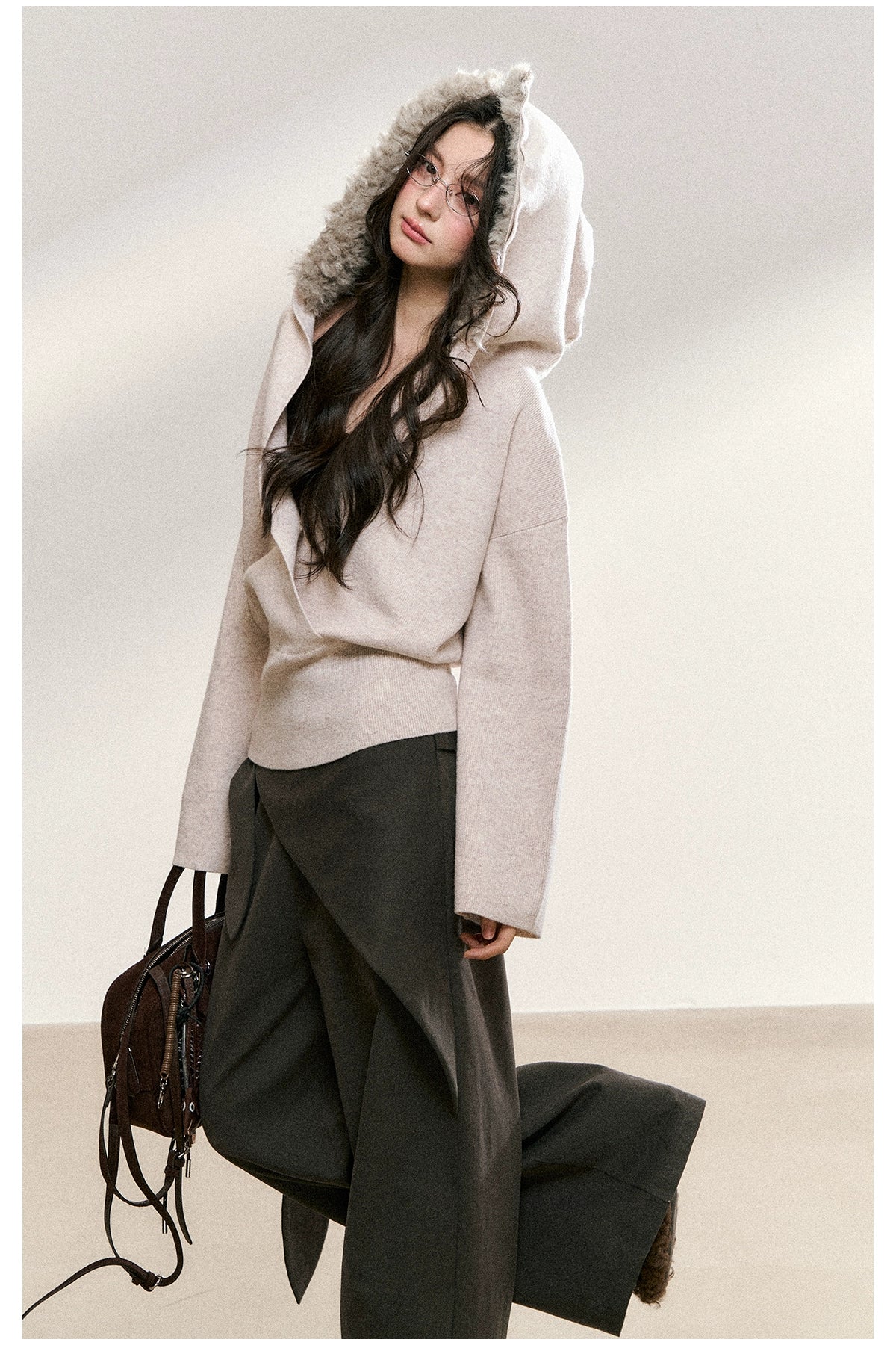 Faux Fur Collar Wrap Knit Cardigan