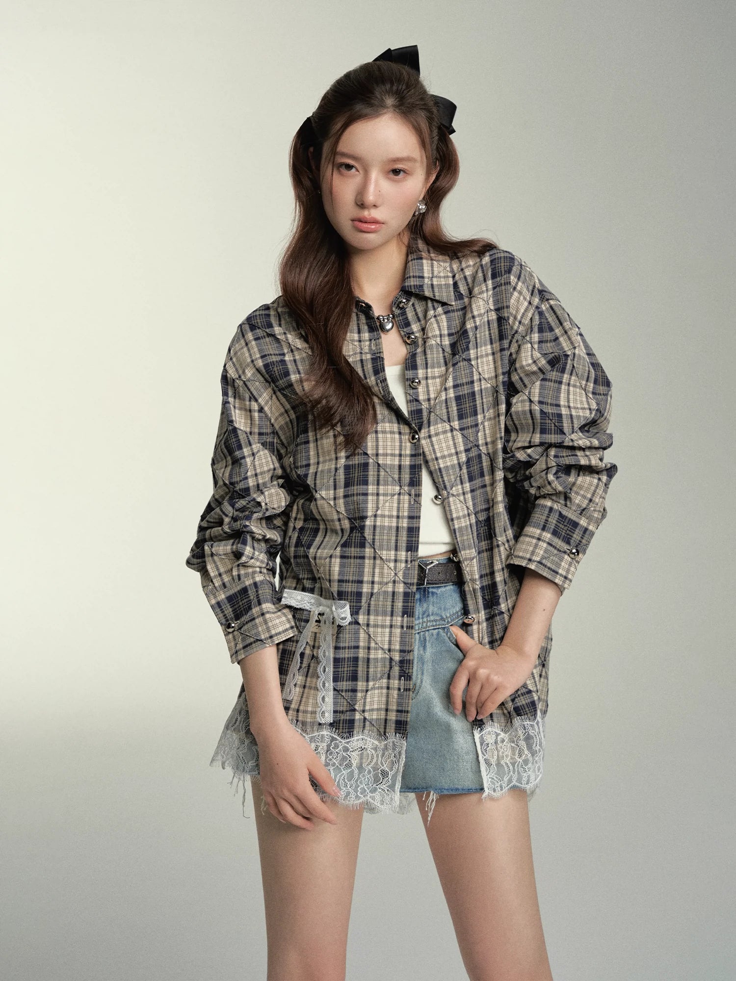 Lace Spliced Plaid Shirt - CHINASQUAD