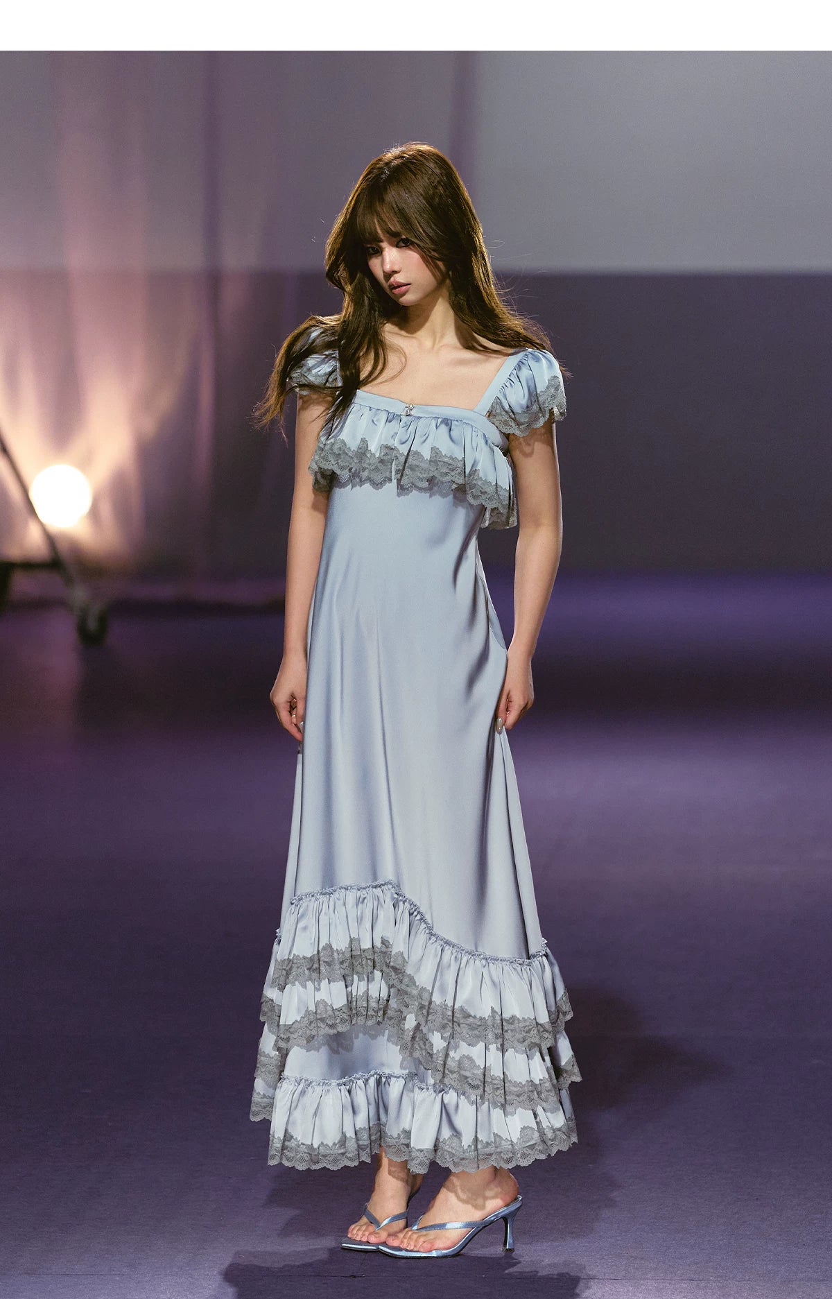 French Lace-Spliced Satin A-Line Maxi Dress Blue / S