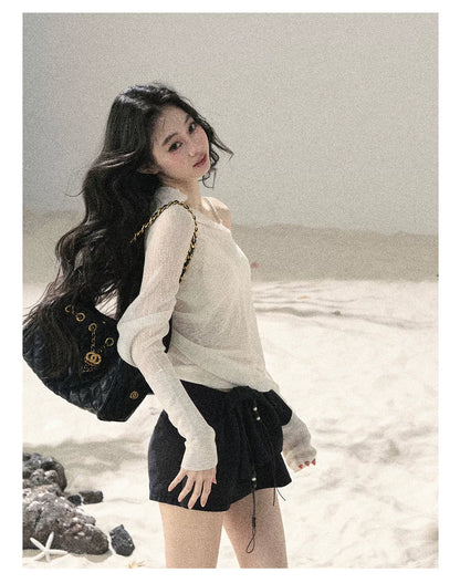 Sheer Off-Shoulder Sun Protection Knit Top Set