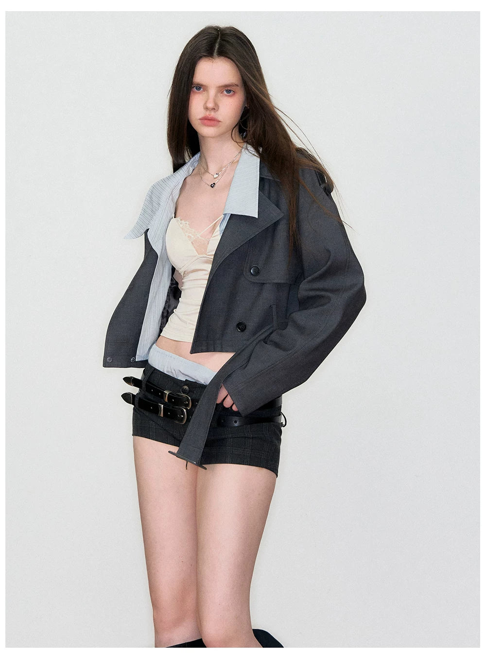 Double-Waist Checkered Tailored Shorts