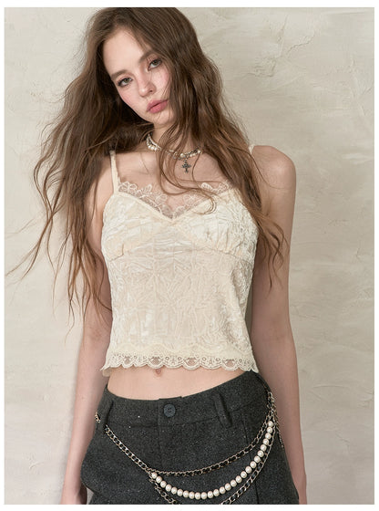 Velvet &amp; Lace Spliced Slim-Fit Camisole