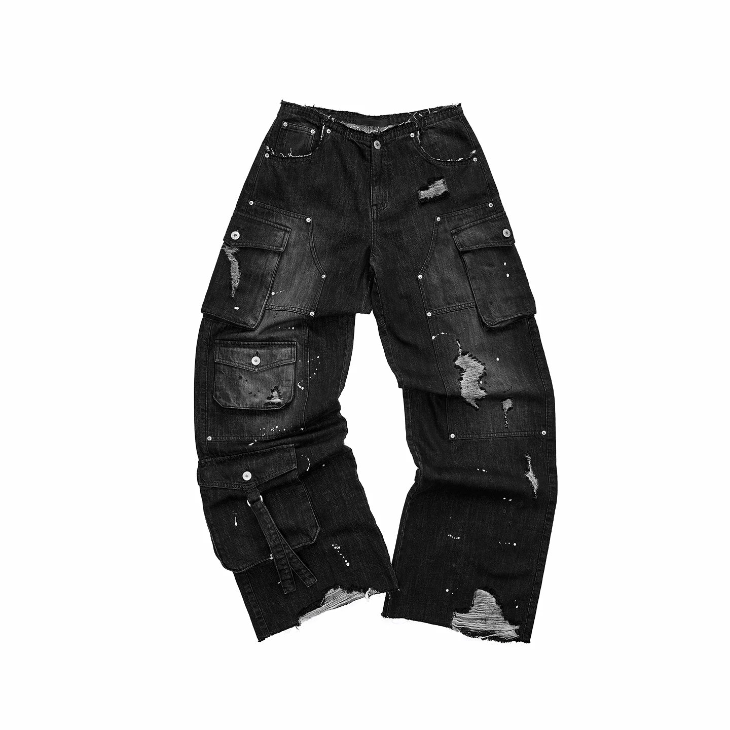 Vintage Multi-Pocket Washed Denim Cargo Pants