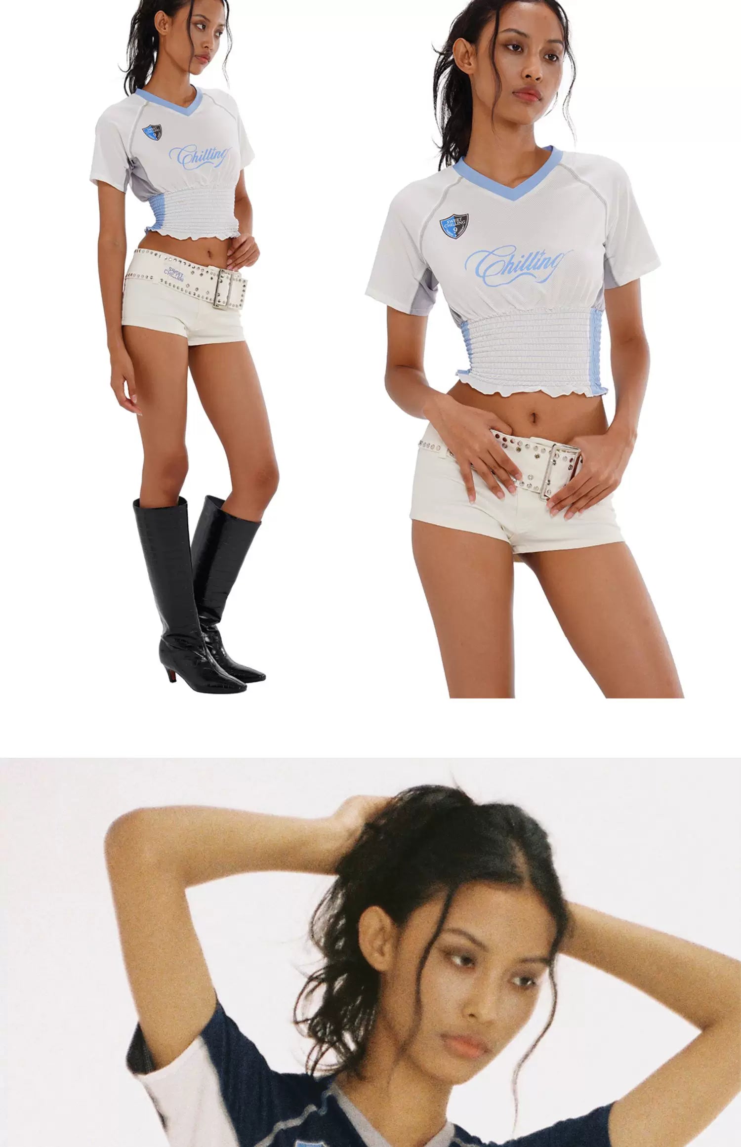 White &amp; Blue V-neck Smocked Jersey Baby Tee