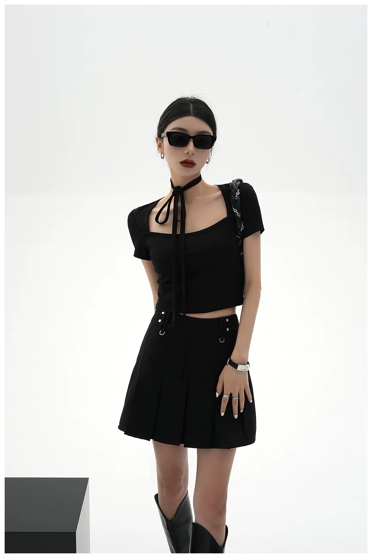 Tie-Detail Square-Neck Cropped T-Shirt