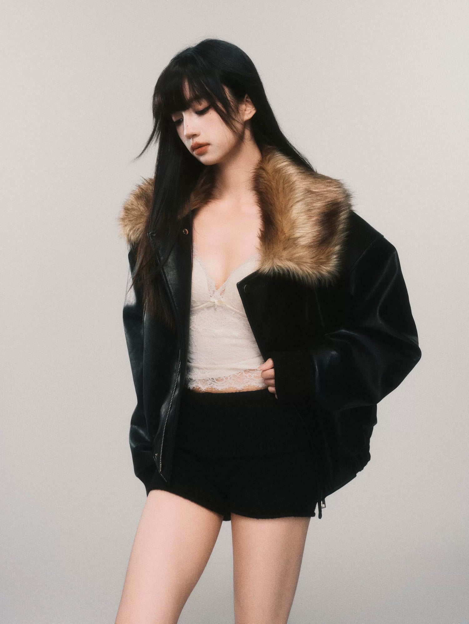 Faux Fur Collar Padded PU Biker Jacket