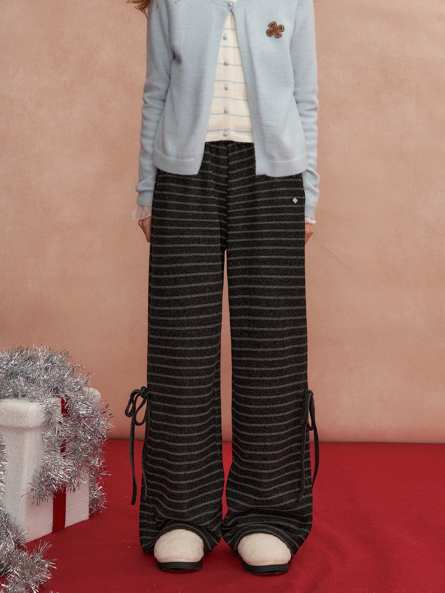 Bow-Tie Drawstring Striped Tweed Pants