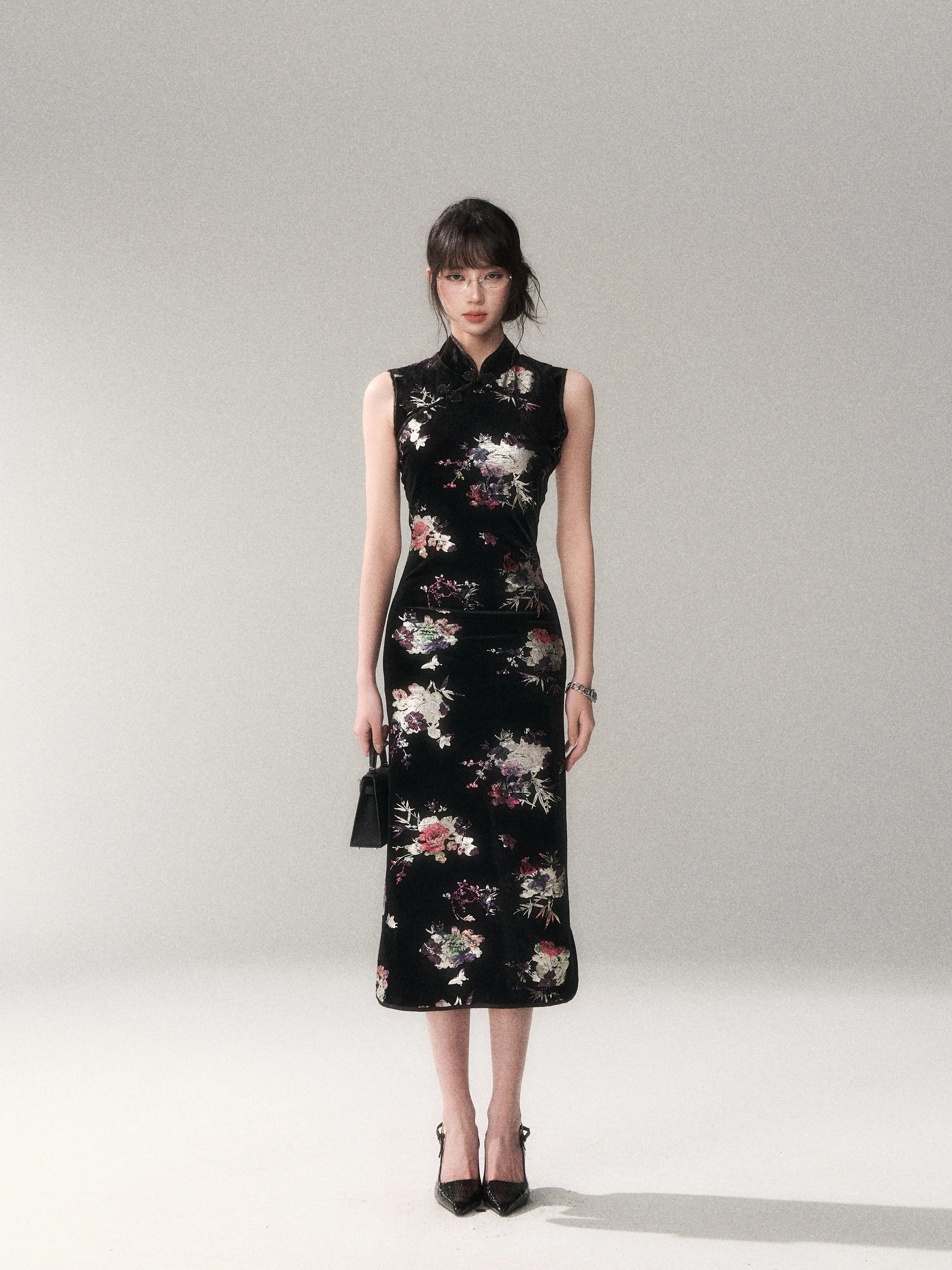 Gilded Velvet Floral Cheongsam Dress
