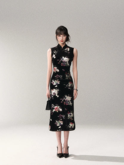 Gilded Velvet Floral Cheongsam Dress