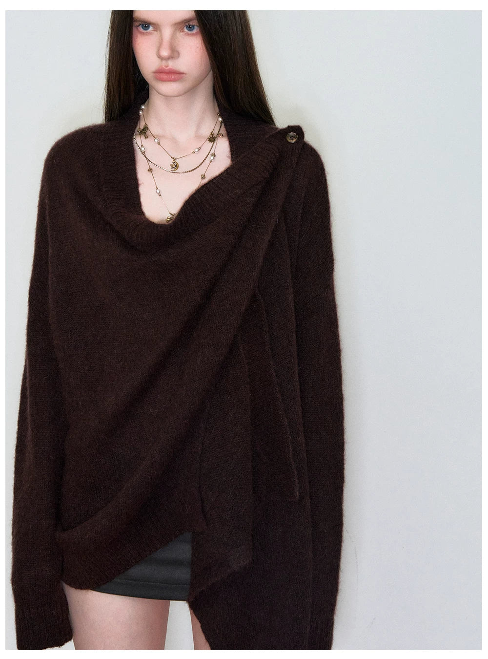 Shawl-Style Asymmetric Wool Knit Sweater