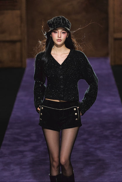 Shimmer V-Neck Sequin Detail Knit Cardigan