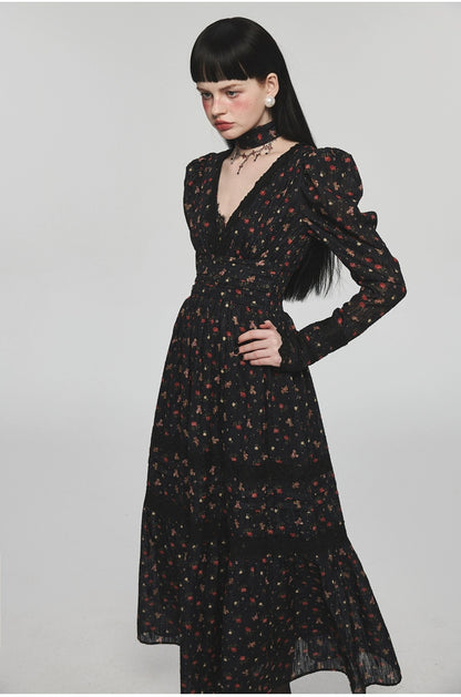 Bear Floral Lace Waist-cinching V-neck Midi Dress - CHINASQUAD