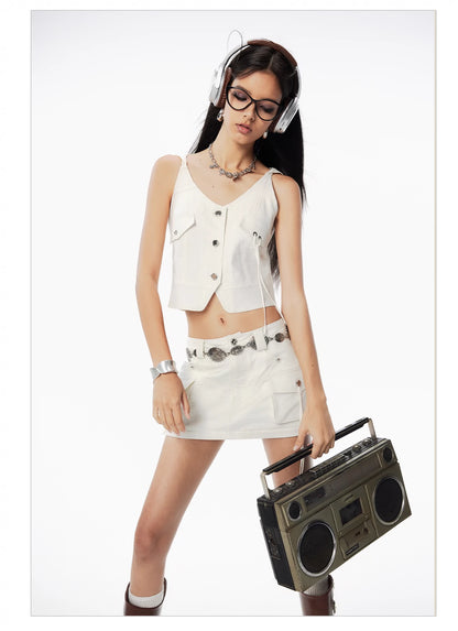 White Button Hoodie &amp; Mini Skirt Set - CHINASQUAD
