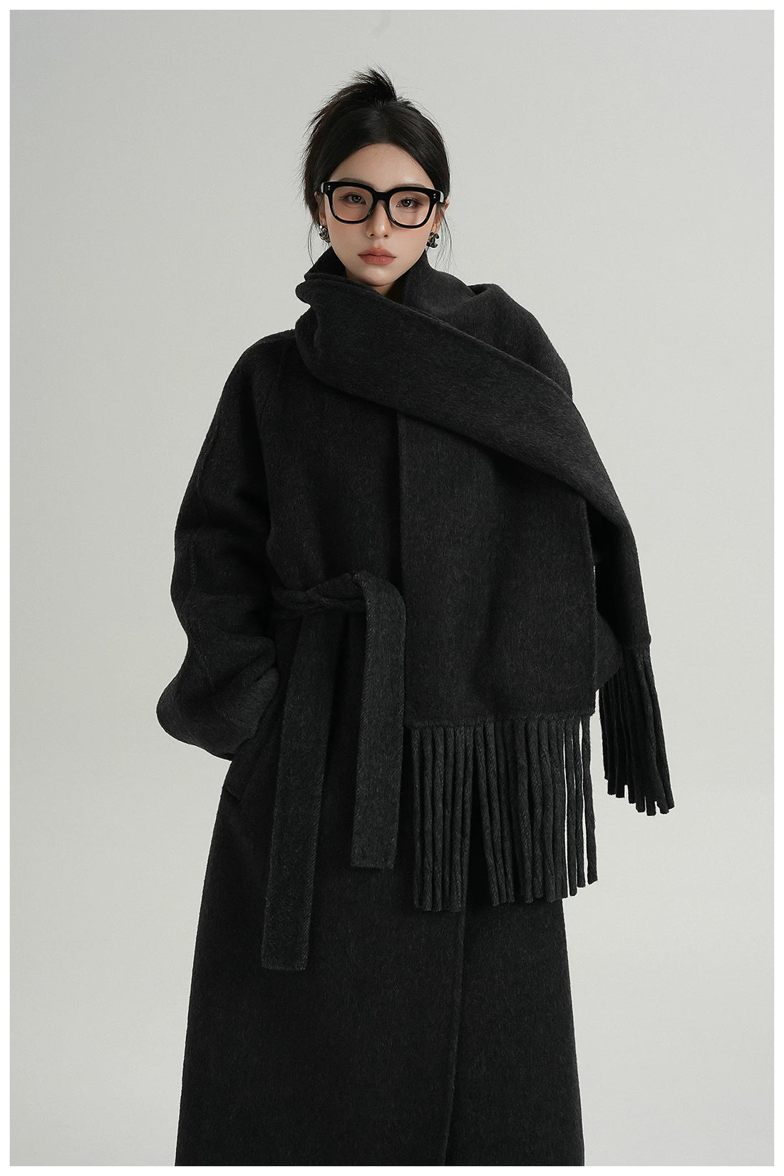 Fringe-Detail Wool Scarf-Style Long Coat
