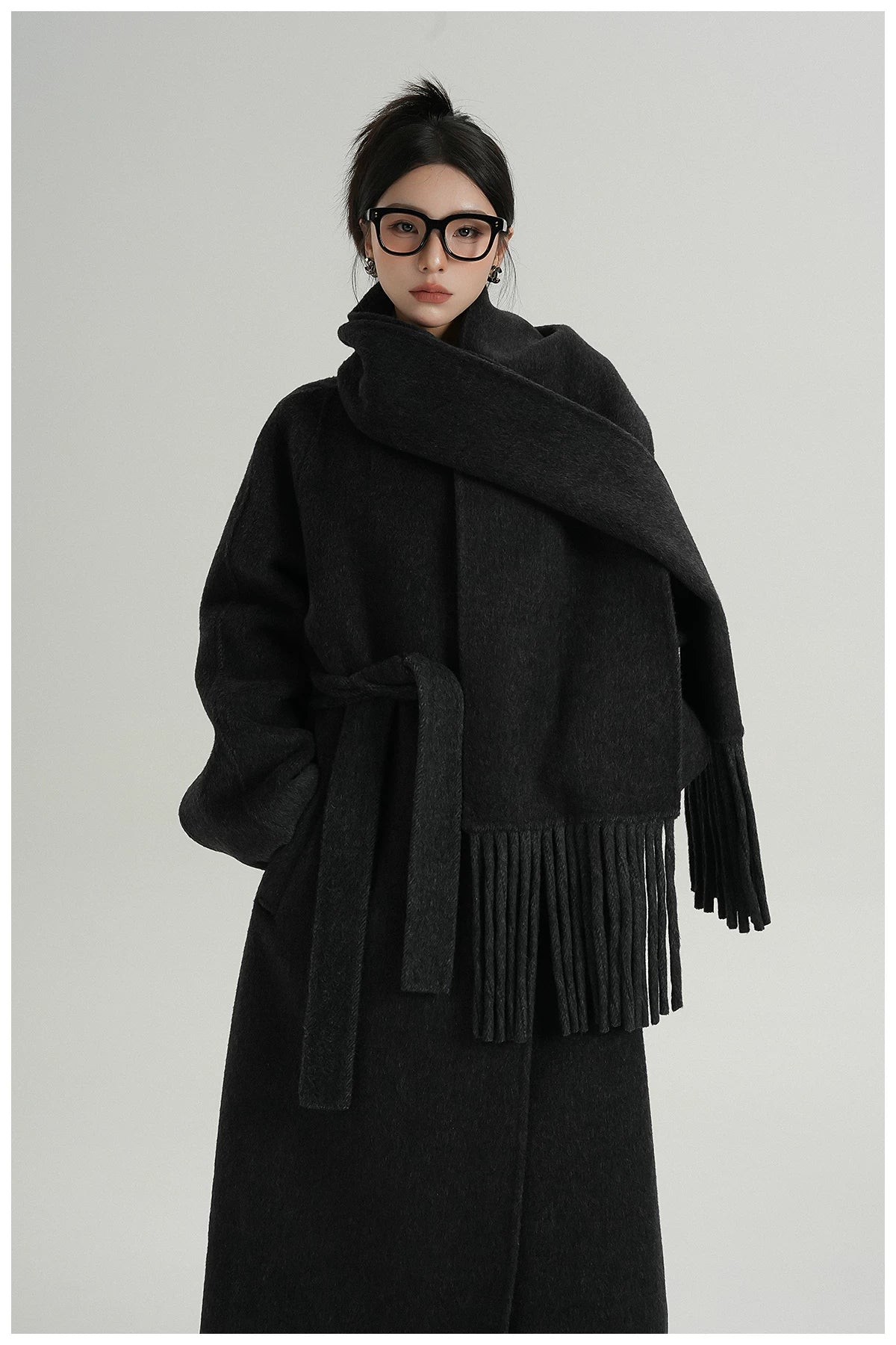 Fringe-Detail Wool Scarf-Style Long Coat