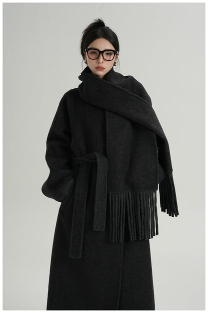 Fringe-Detail Wool Scarf-Style Long Coat
