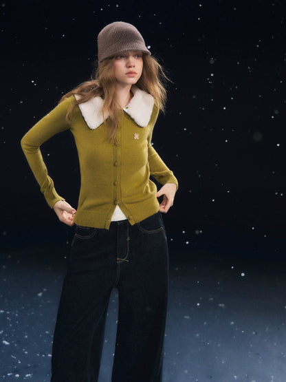 Fur Collar Soft-Touch Plush Cardigan