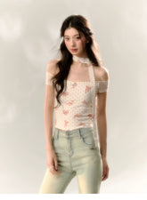 Red Polka Dot & Pink Butterfly Mesh One-shoulder T-shirt - CHINASQUAD