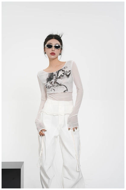 Street-Style Printed Mesh Long-Sleeve T-Shirt