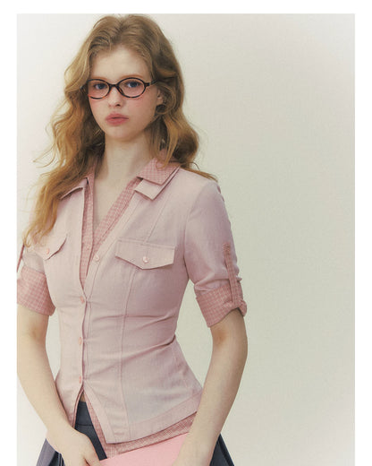 Contrast Plaid Layered Polo Shirt