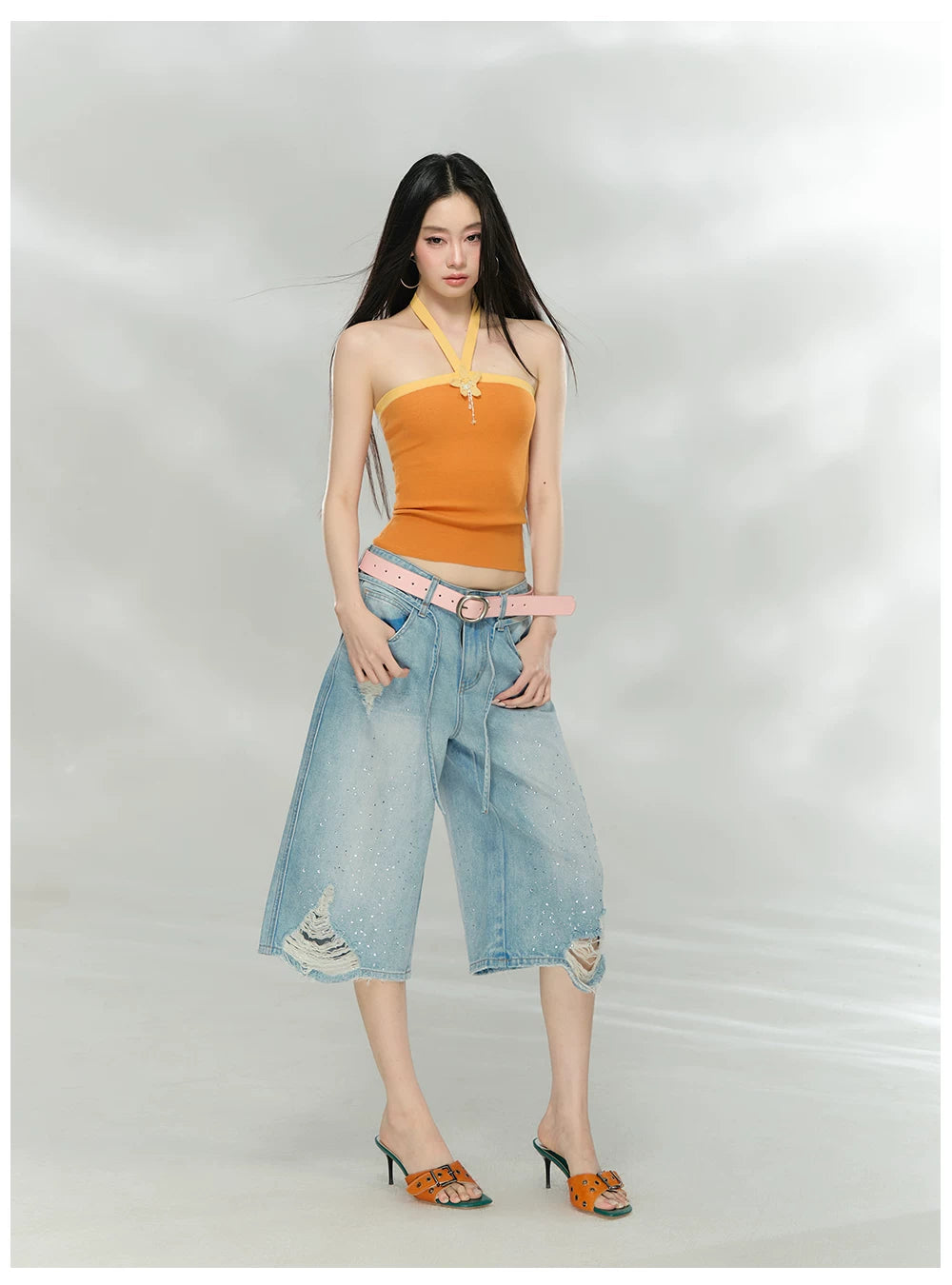 Crystal Distressed Cropped Straight-Leg Denim Jeans