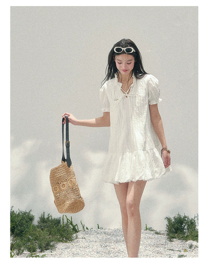 Soft Pleated Puff-Sleeve Mini Dress