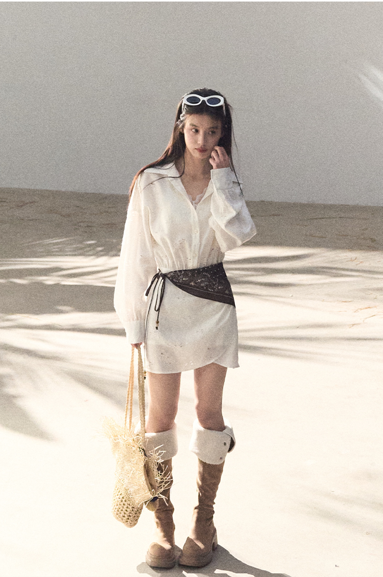 Waist-Cinched Long-Sleeve Shirt Dress