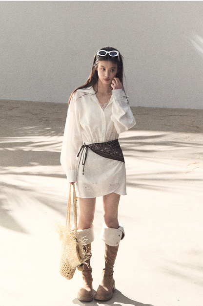 Waist-Cinched Long-Sleeve Shirt Dress