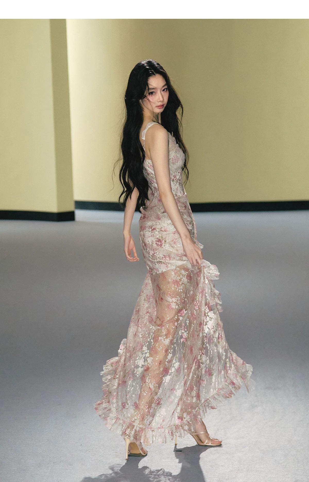 Misty Blush Lace-Panel Slip Maxi Dress