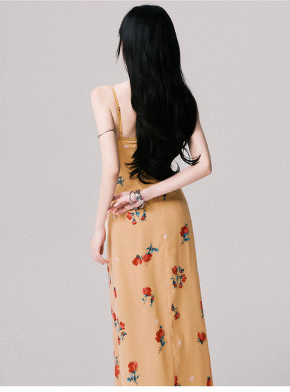 French V-Neck Floral Slip Maxi Dress
