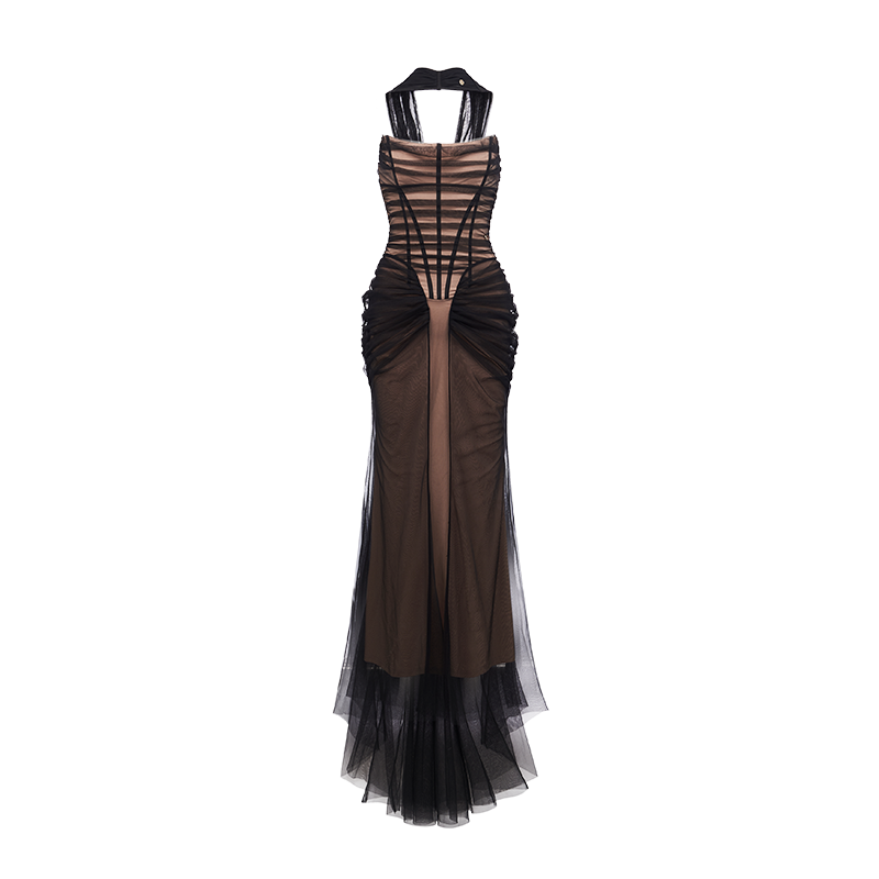 Black &amp; Apricot Tulle Ruffled Slim-fit Strapless Dress