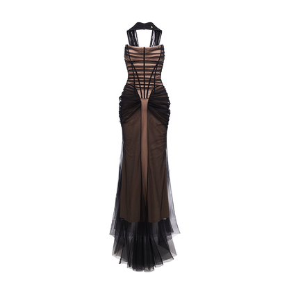 Black &amp; Apricot Tulle Ruffled Slim-fit Strapless Dress