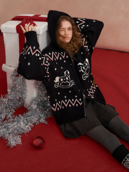 Fair Isle Horse-Pattern Hooded Cardigan