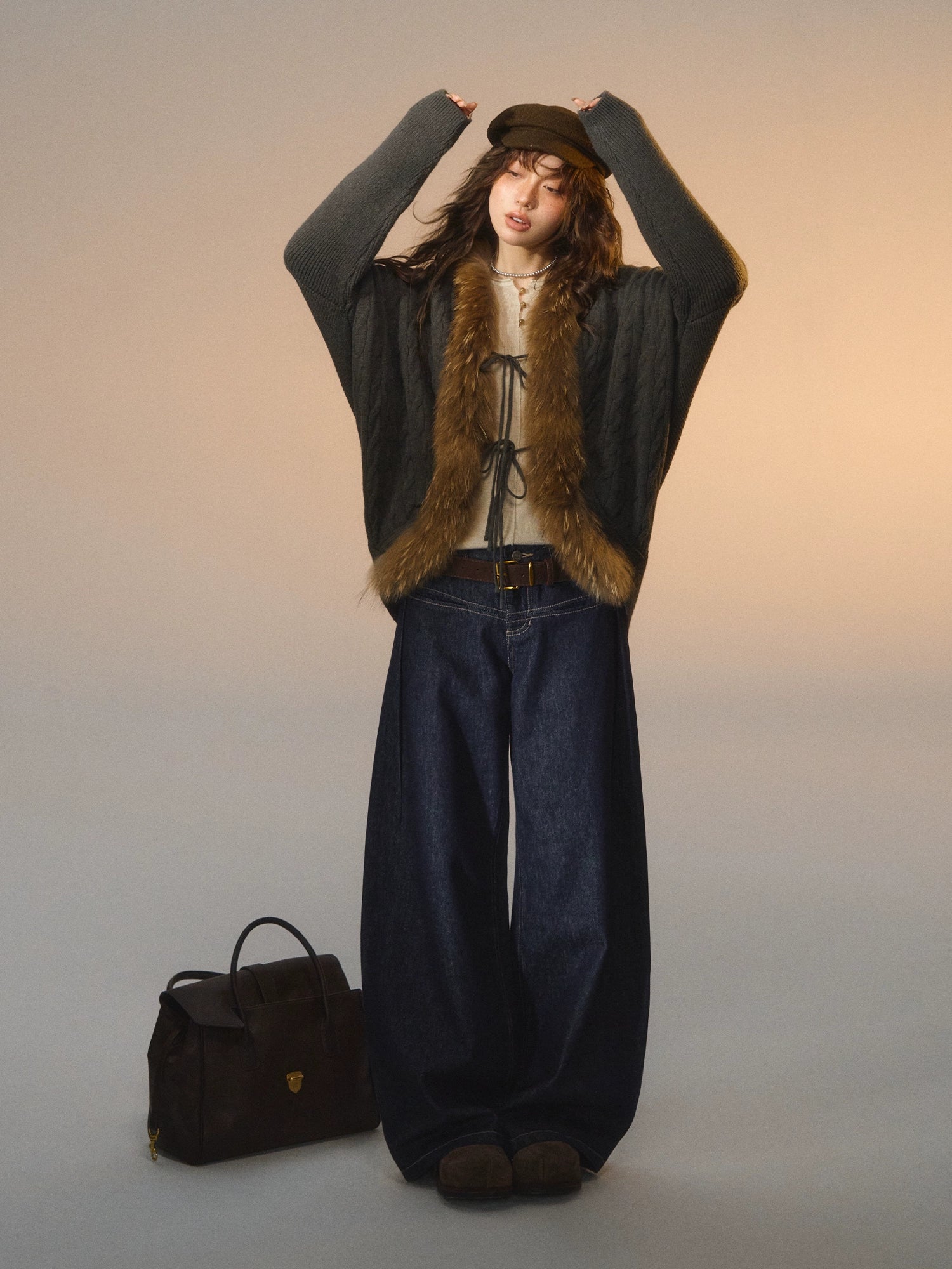 Tie-Detail Batwing Faux Fur Collar Sweater